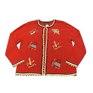 Vtg Sag‎ Harbor Embroidered Cardigan Medium Red Ramie Feminine Novelty Lipstick